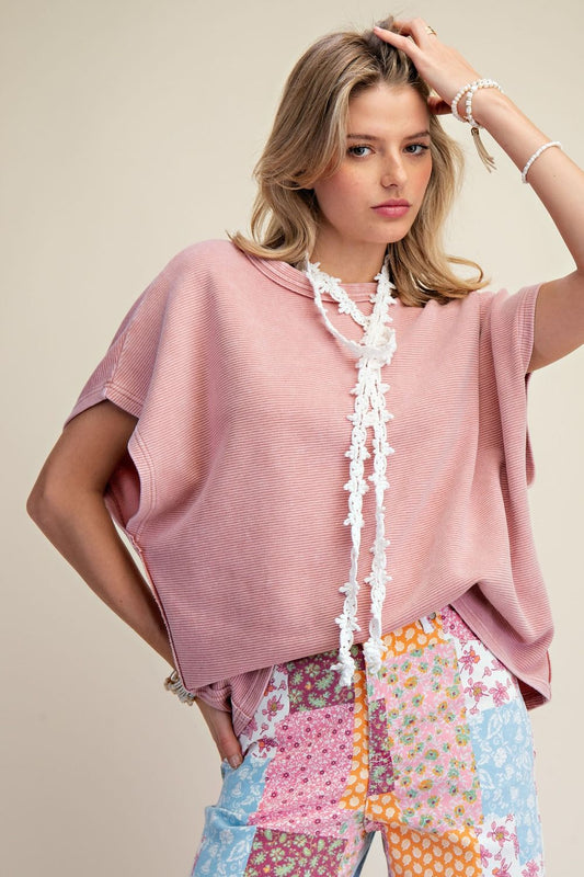 Mauve Mineral Wash Drop Shoulder Top