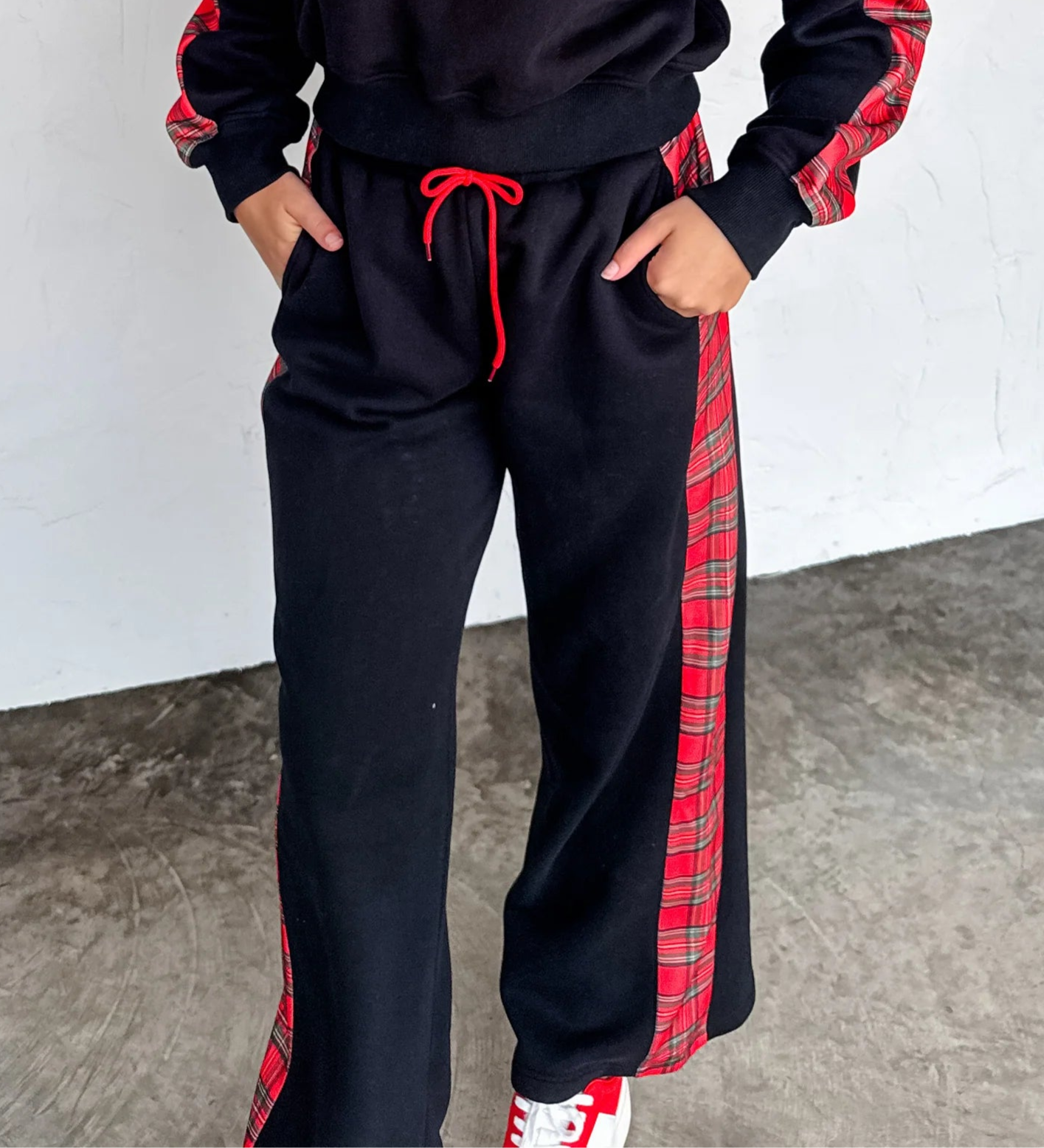 Black wide pants with holiday red plaid stripe 