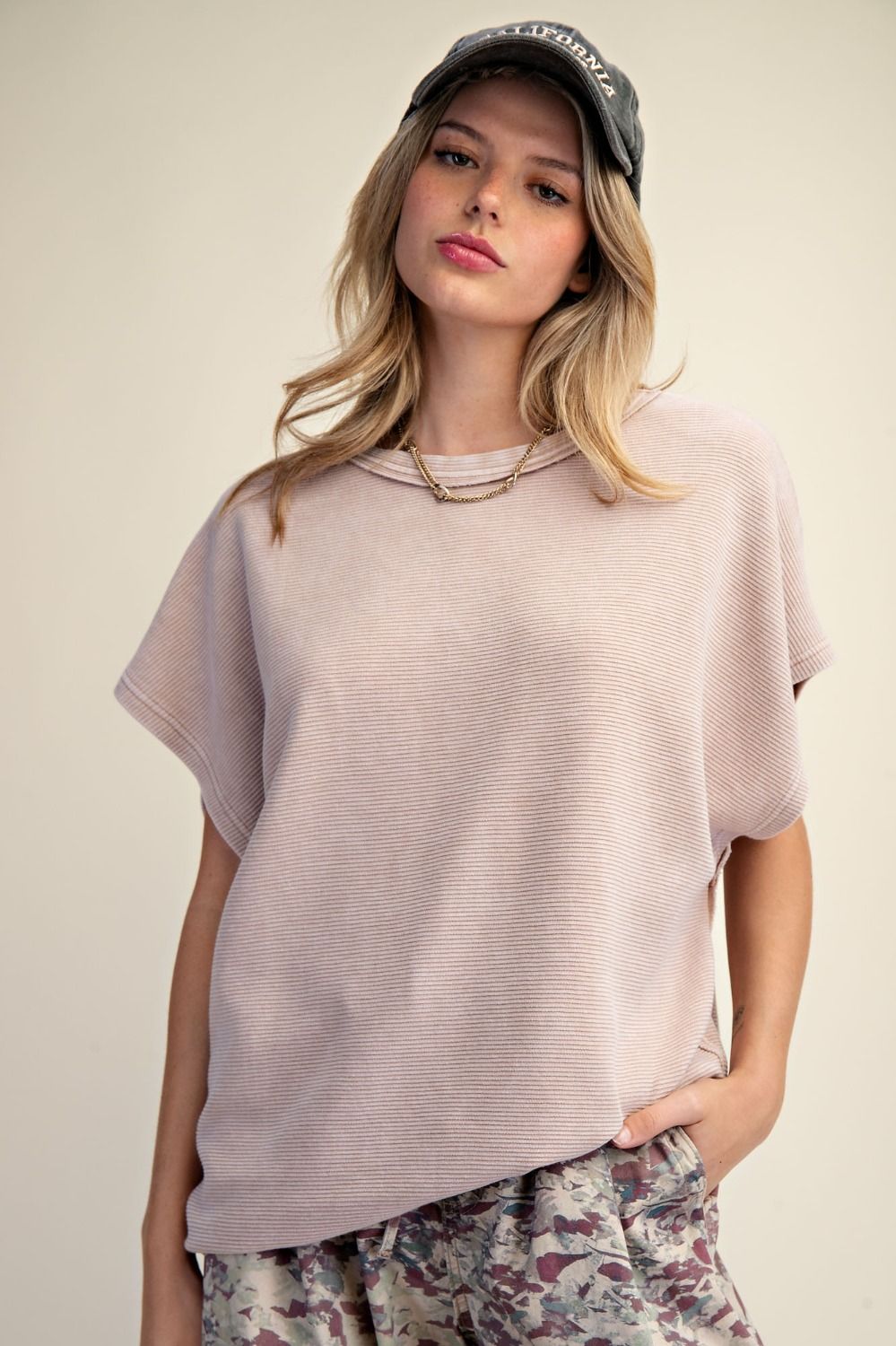 Mushroom Mineral Wash Drop Shoulder Top