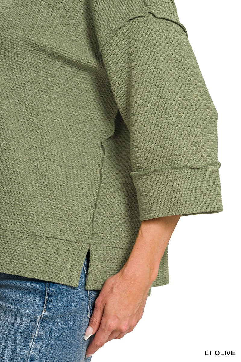 Olive Raw Edge 3/4 Sleeve Top