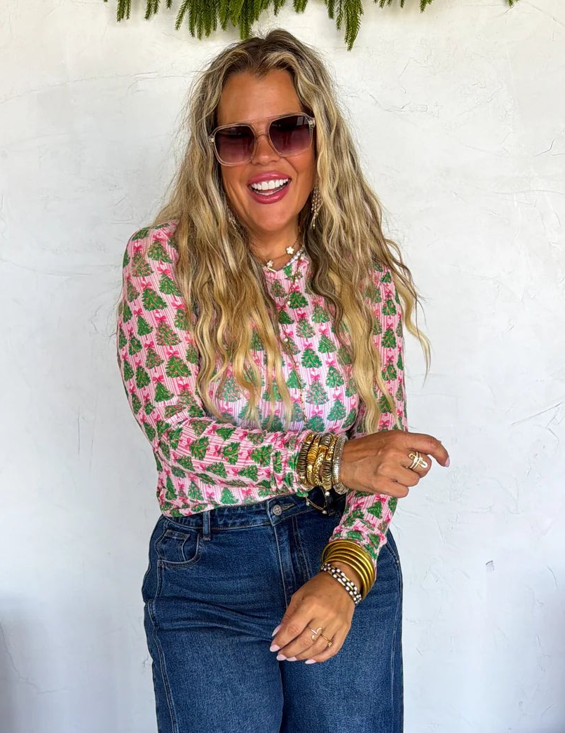 Pink Christmas Tree Mesh Top