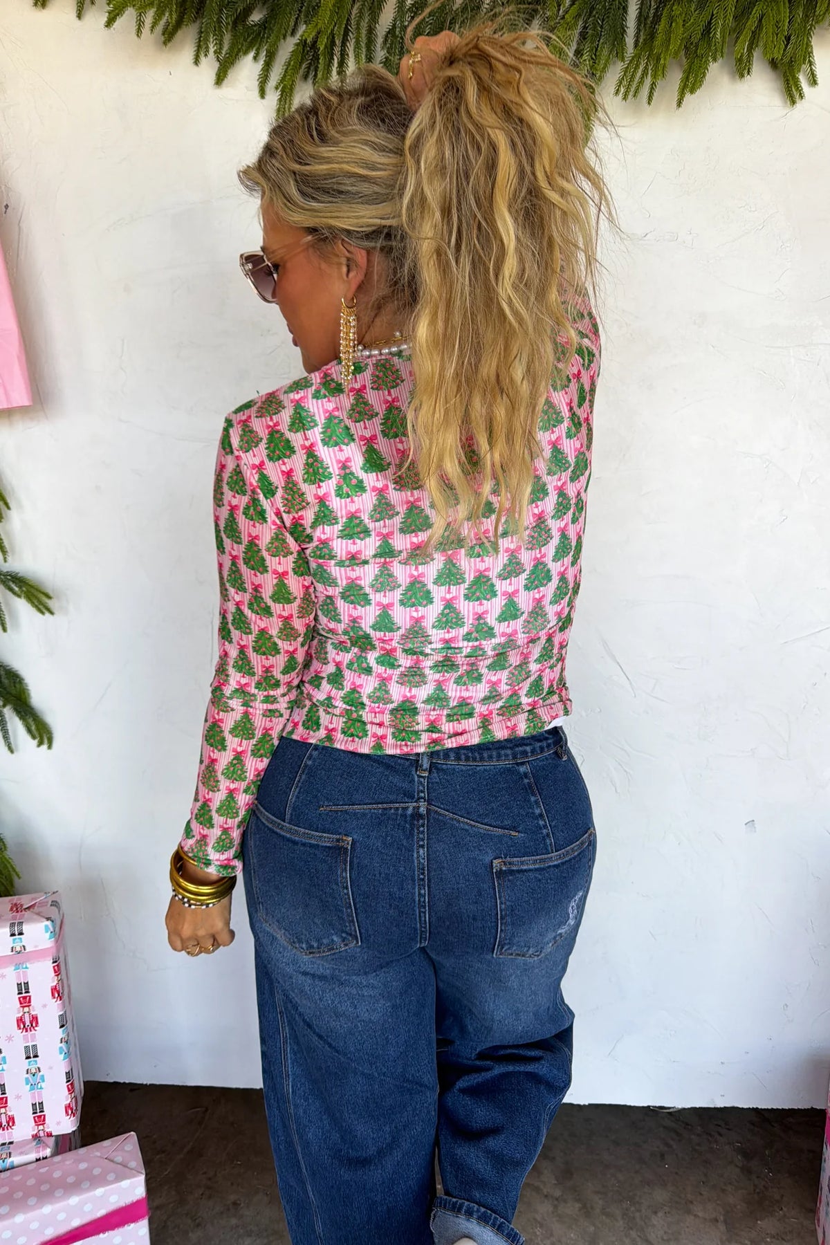 Pink Christmas Tree Mesh Top