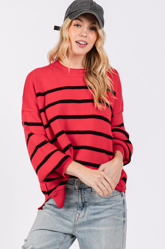 red and black striped sweater