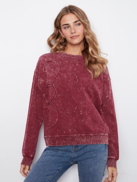 Burgundy Flower Applique Mineral Wash Sweatshirt