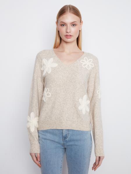Floral Applique V Neck Oatmeal Sweater