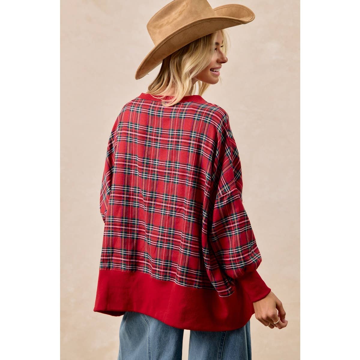 MERRY Sherpa Letter Oversized Red Plaid Pullover