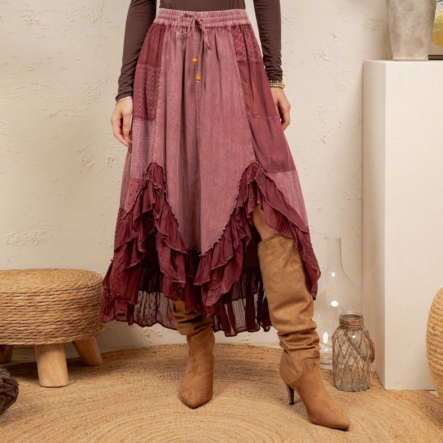 Young Threads - Rustic Bohemian: Asymmetrical Embroidered Midi Skirt - New - Latte / REGULAR (S-M-L-XL 2-2-2-1)