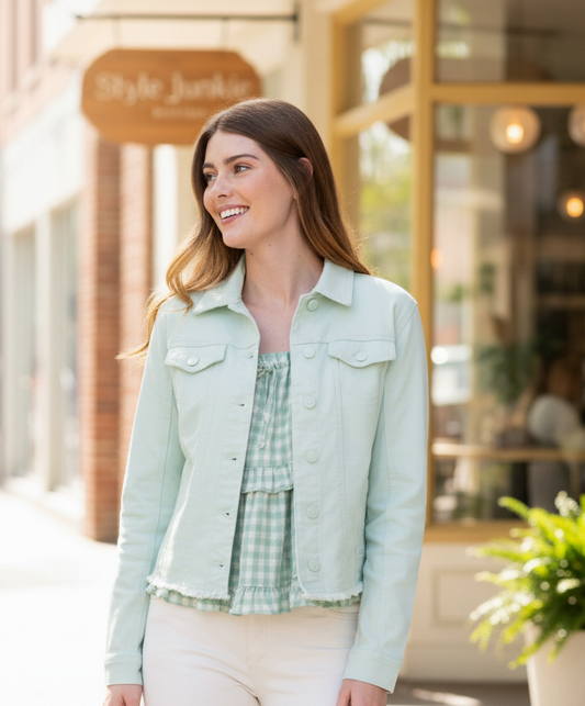 Woman in a light green jacket standing on a city street with a store in the background