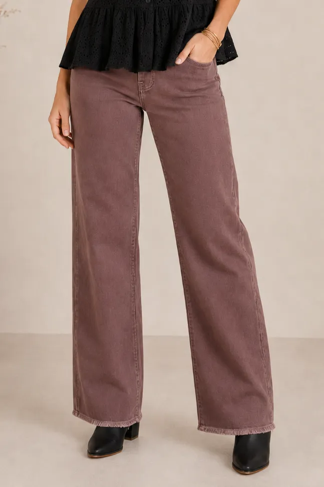 Mocha Wide Leg Fray Hem Jean