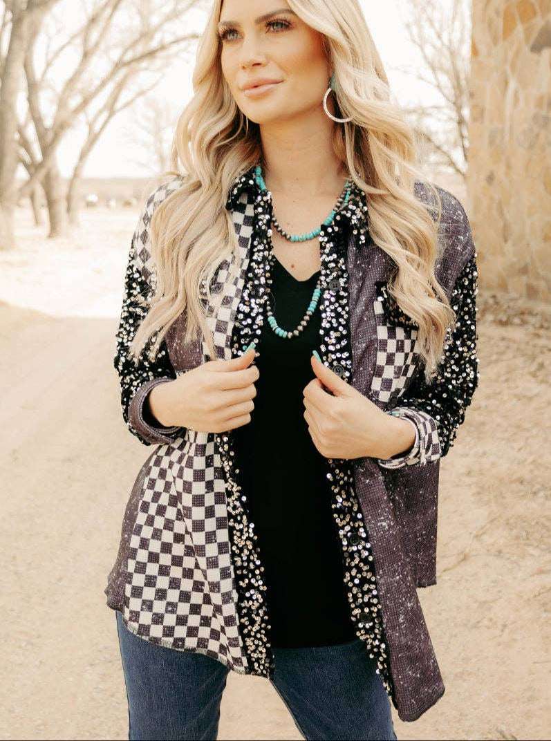 Black sequin checker jacket shacket