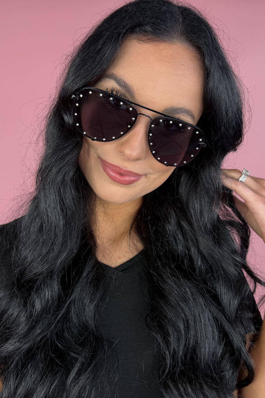 Studded Aviator Sunglasses - Pink