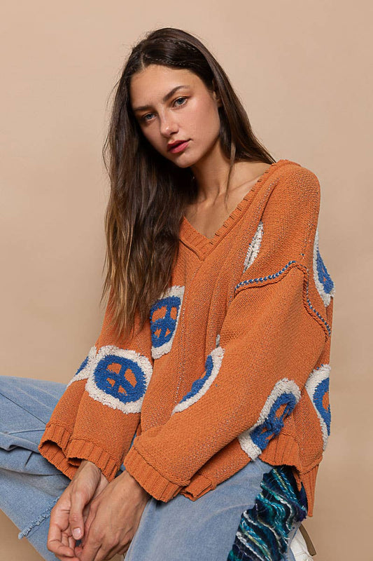 Brick Orange Peace Sign Berber Sweater