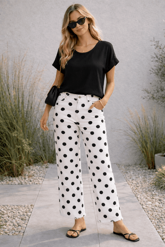 Polka Dot Fray Hem Wide Leg Pant
