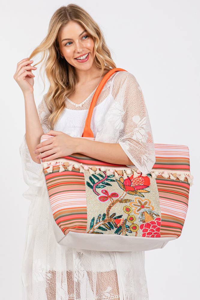 Orange Floral Boho Tote