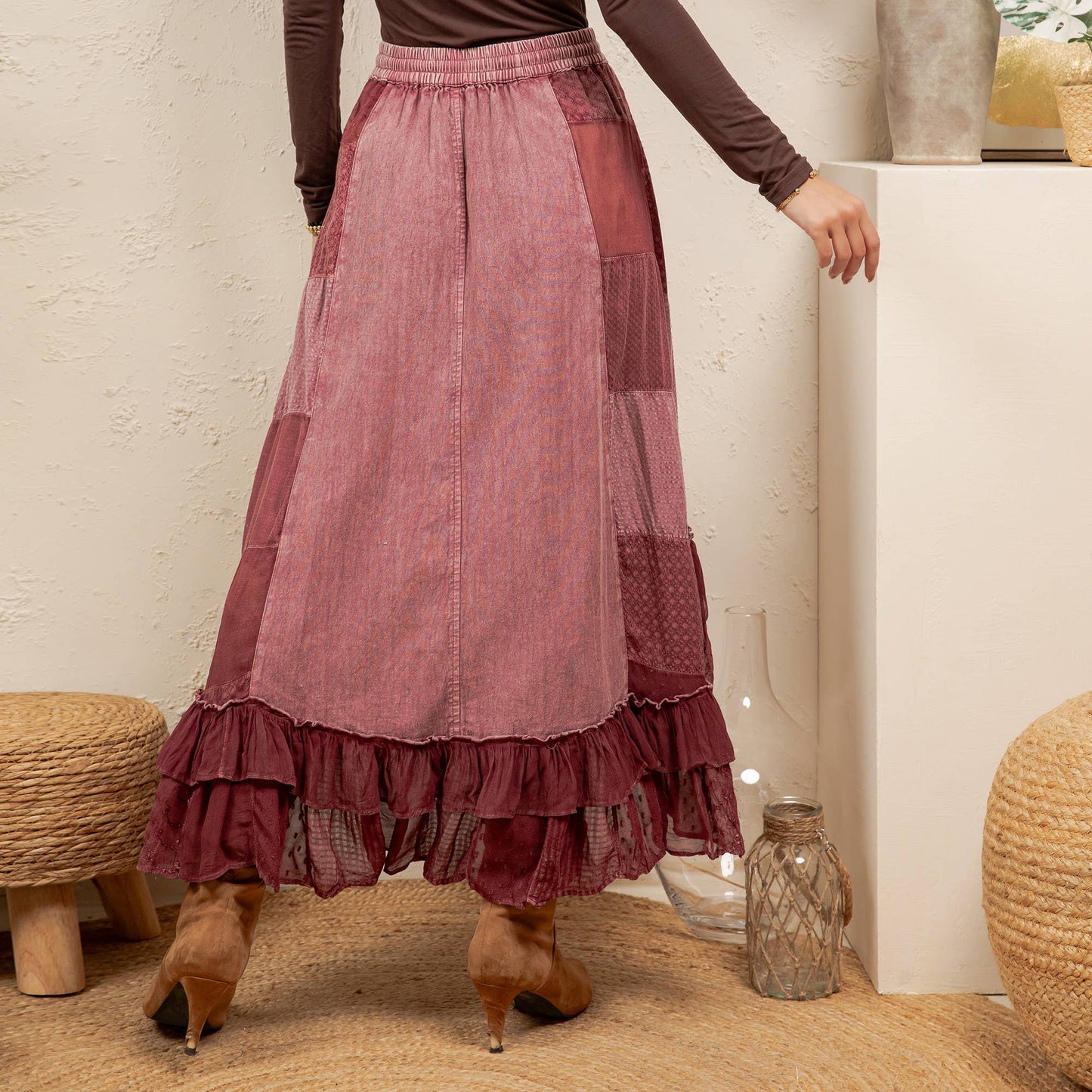 Young Threads - Rustic Bohemian: Asymmetrical Embroidered Midi Skirt - New - Latte / REGULAR (S-M-L-XL 2-2-2-1)