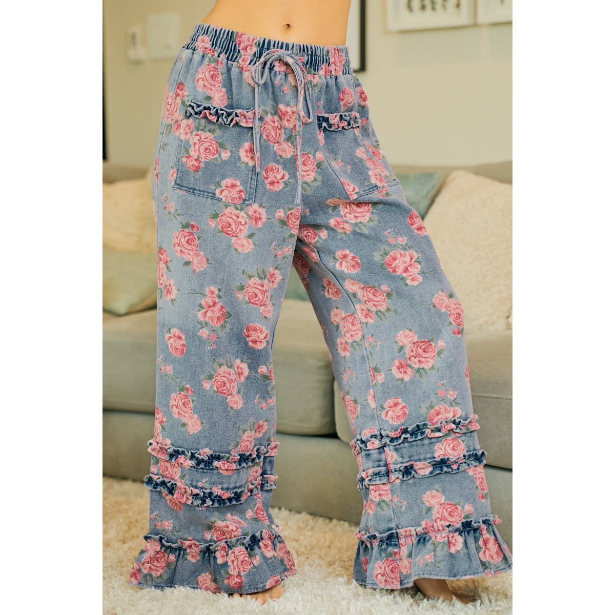 Washed Floral Denim Ruffle Wide-Leg Pants