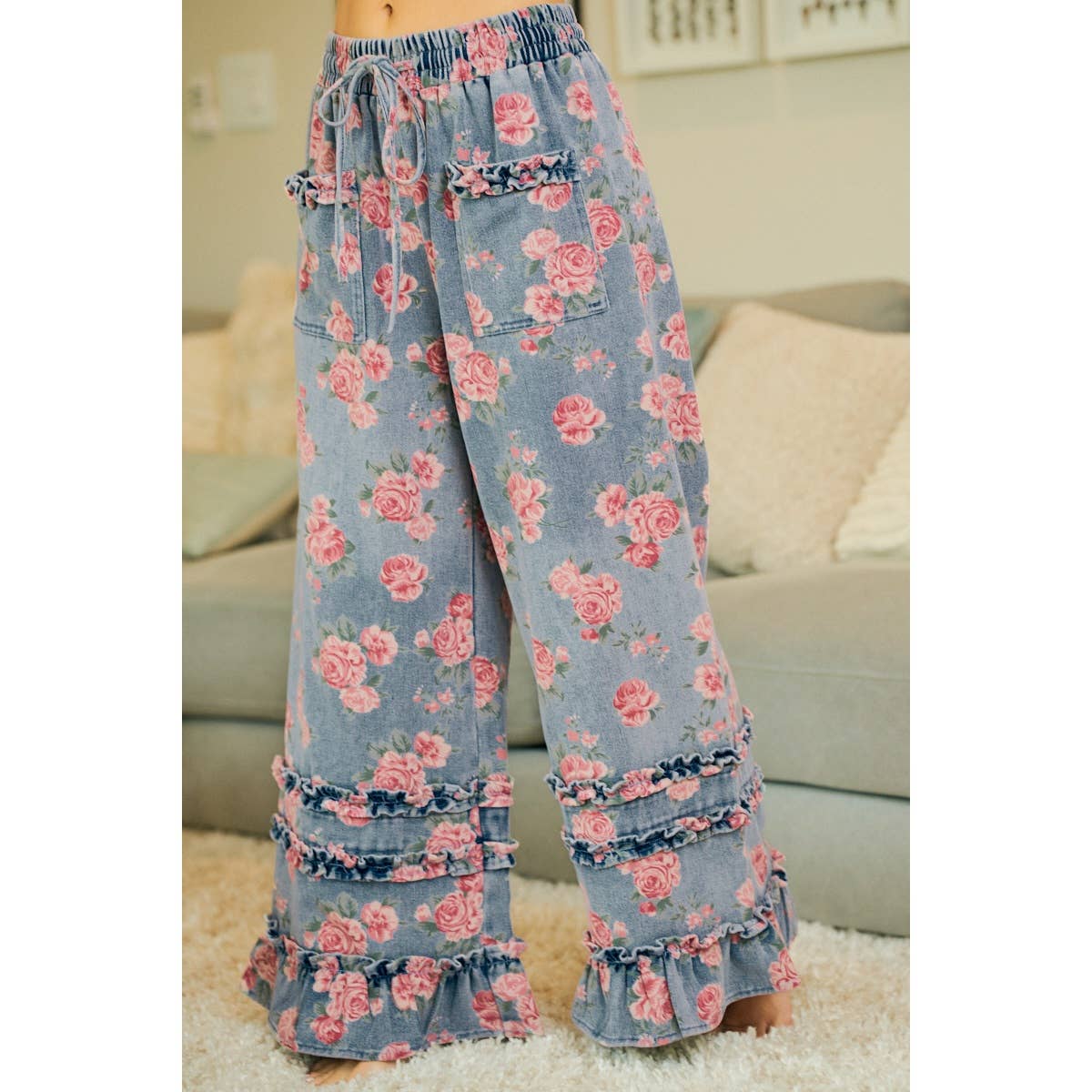 Washed Floral Denim Ruffle Wide-Leg Pants