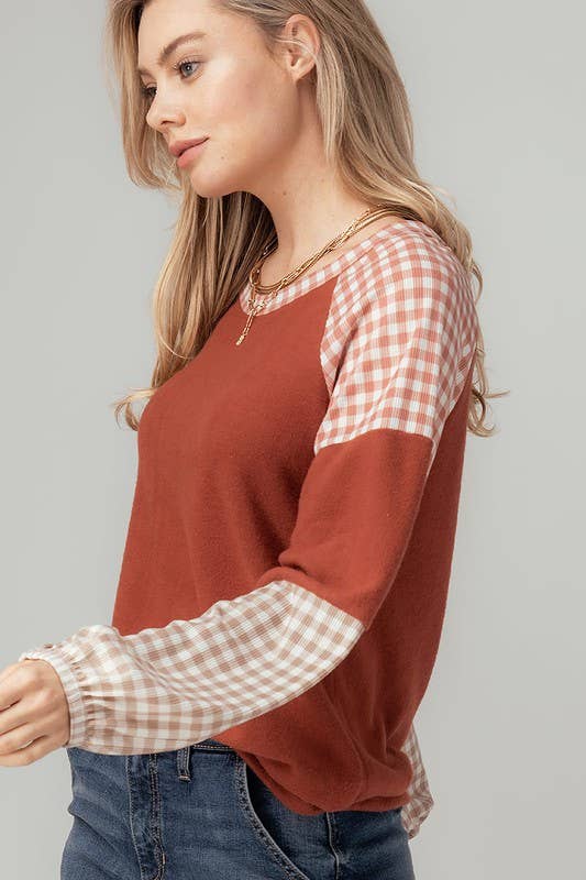 Rust Sweater Plaid Sleeve