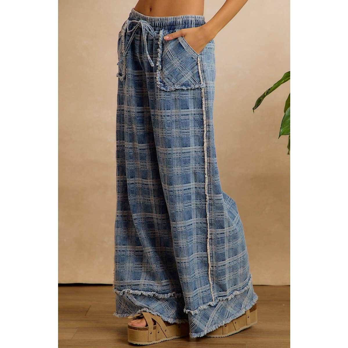 Frayed Plaid Wide Leg Jeans - Washed Denim