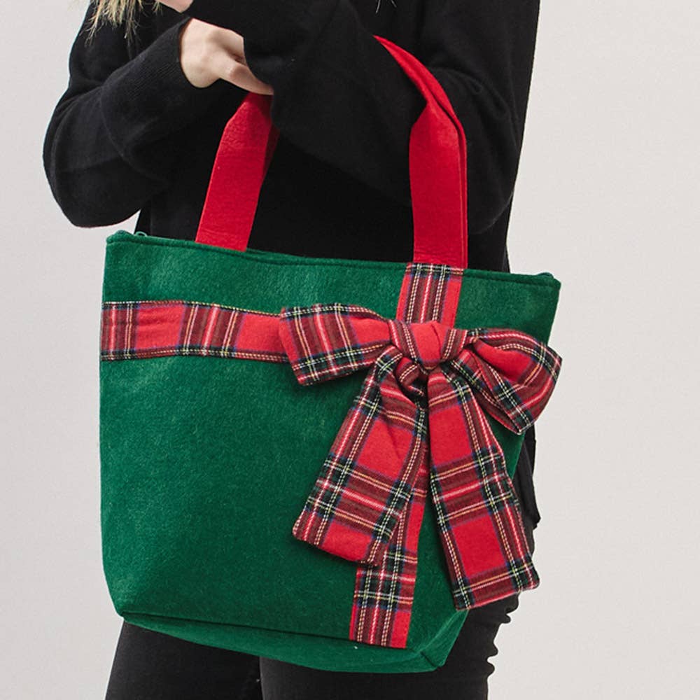 Christmas Green Tote Bag with Red Plaid Bow