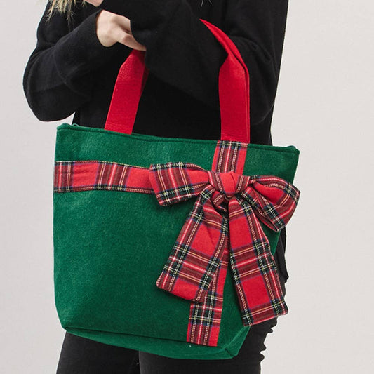 Christmas Green Tote Bag with Red Plaid Bow