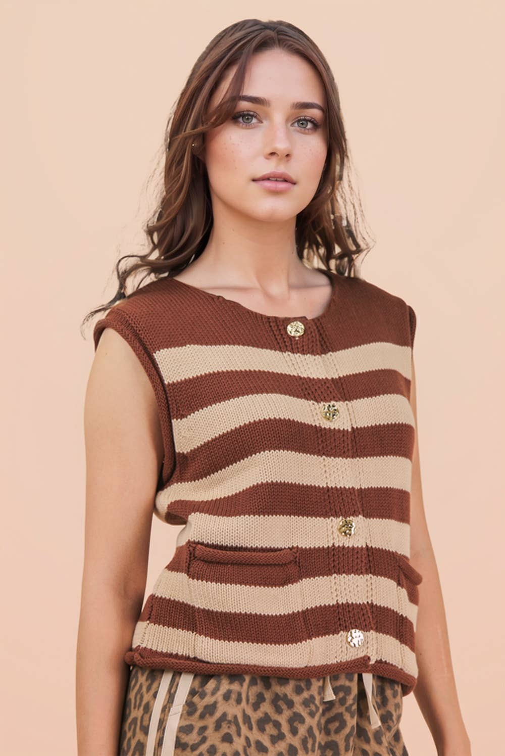 Brown Stripe Sleeveless Button-Down Knit Sweater Top