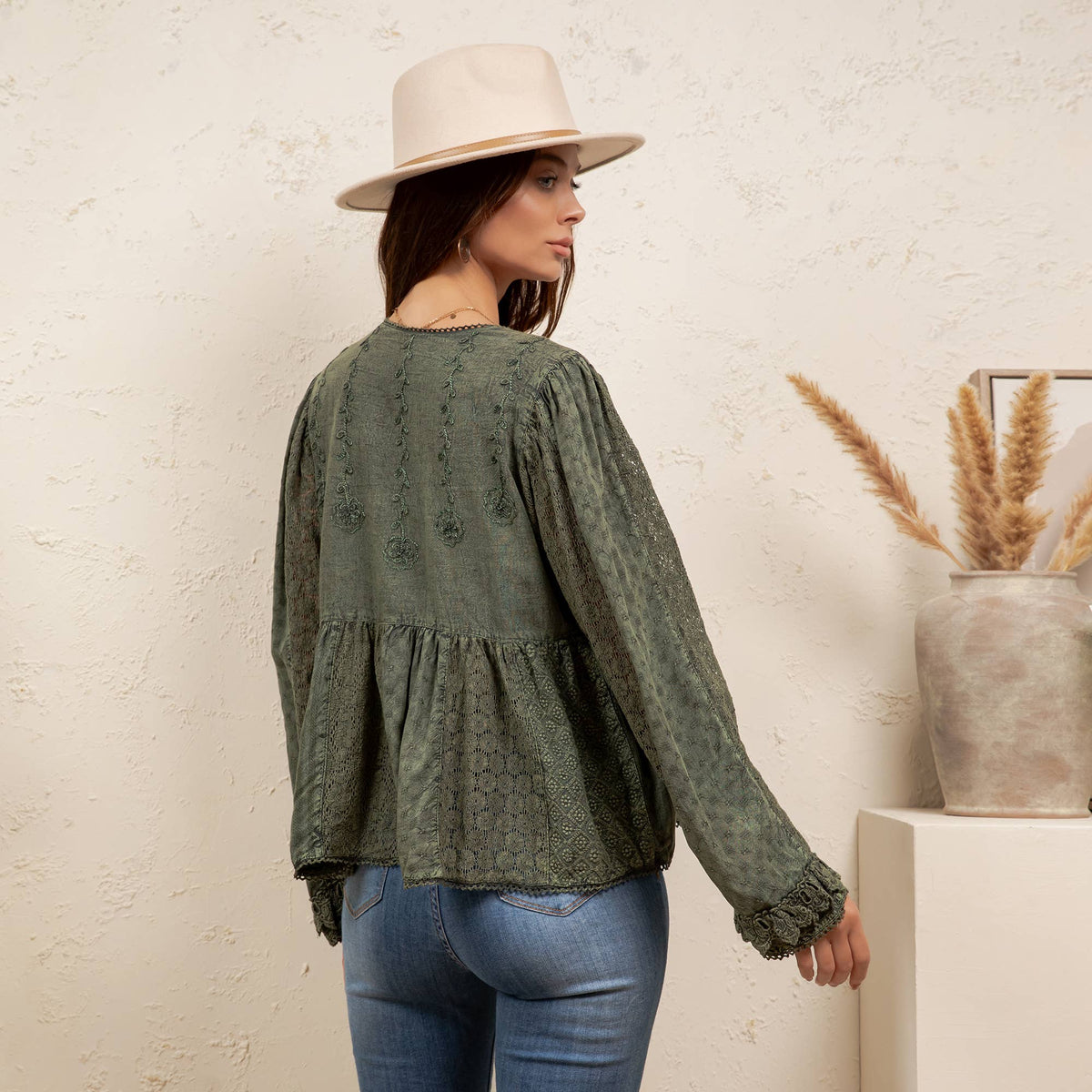 Young Threads - Vintage Boho Embroidered Lace V-Neck Peplum Top NEW - MULBERRY / REGULAR (S-M-L-XL 2-2-2-1)
