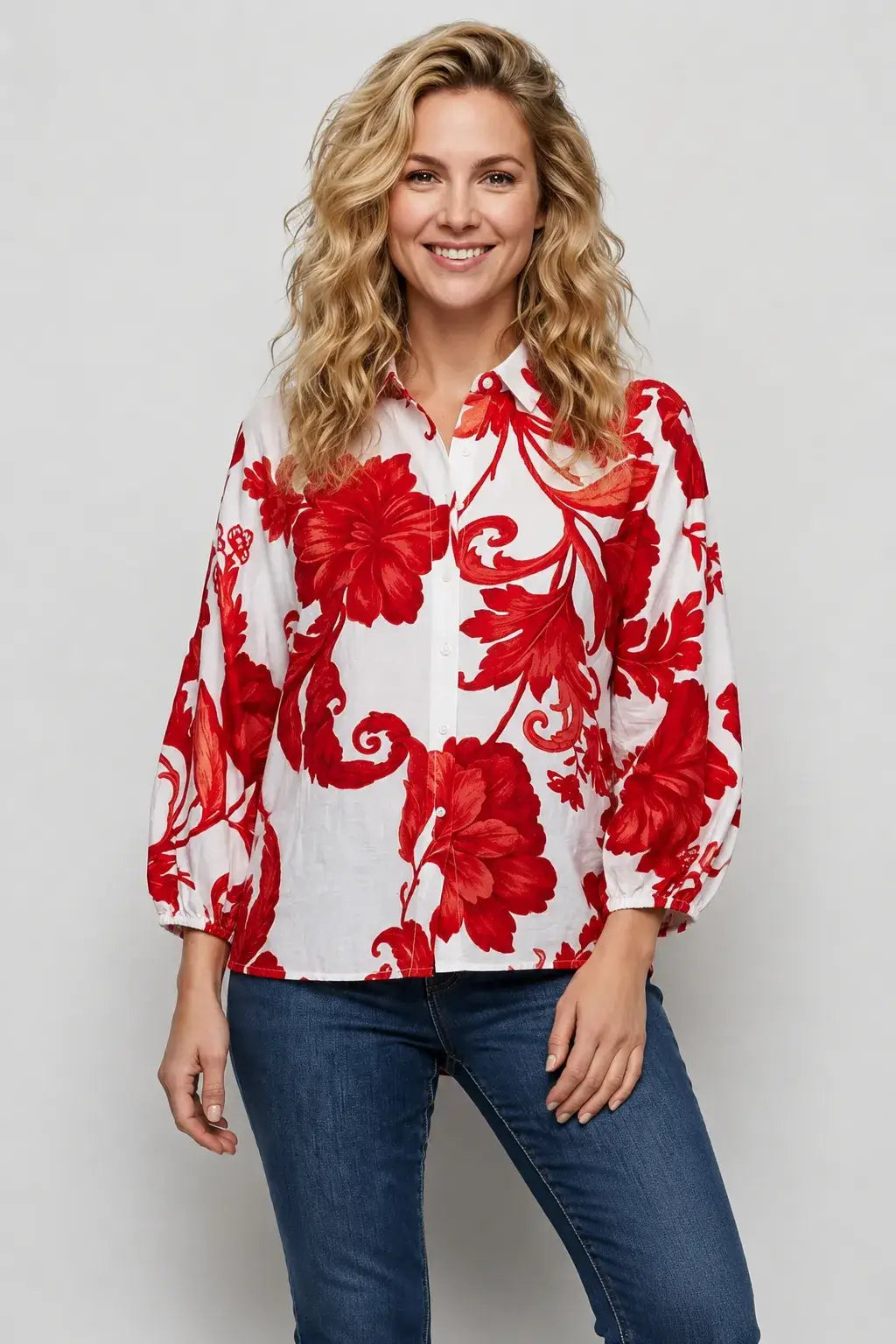 Linique Red Floral Button Down 3/4 Sleeve Top