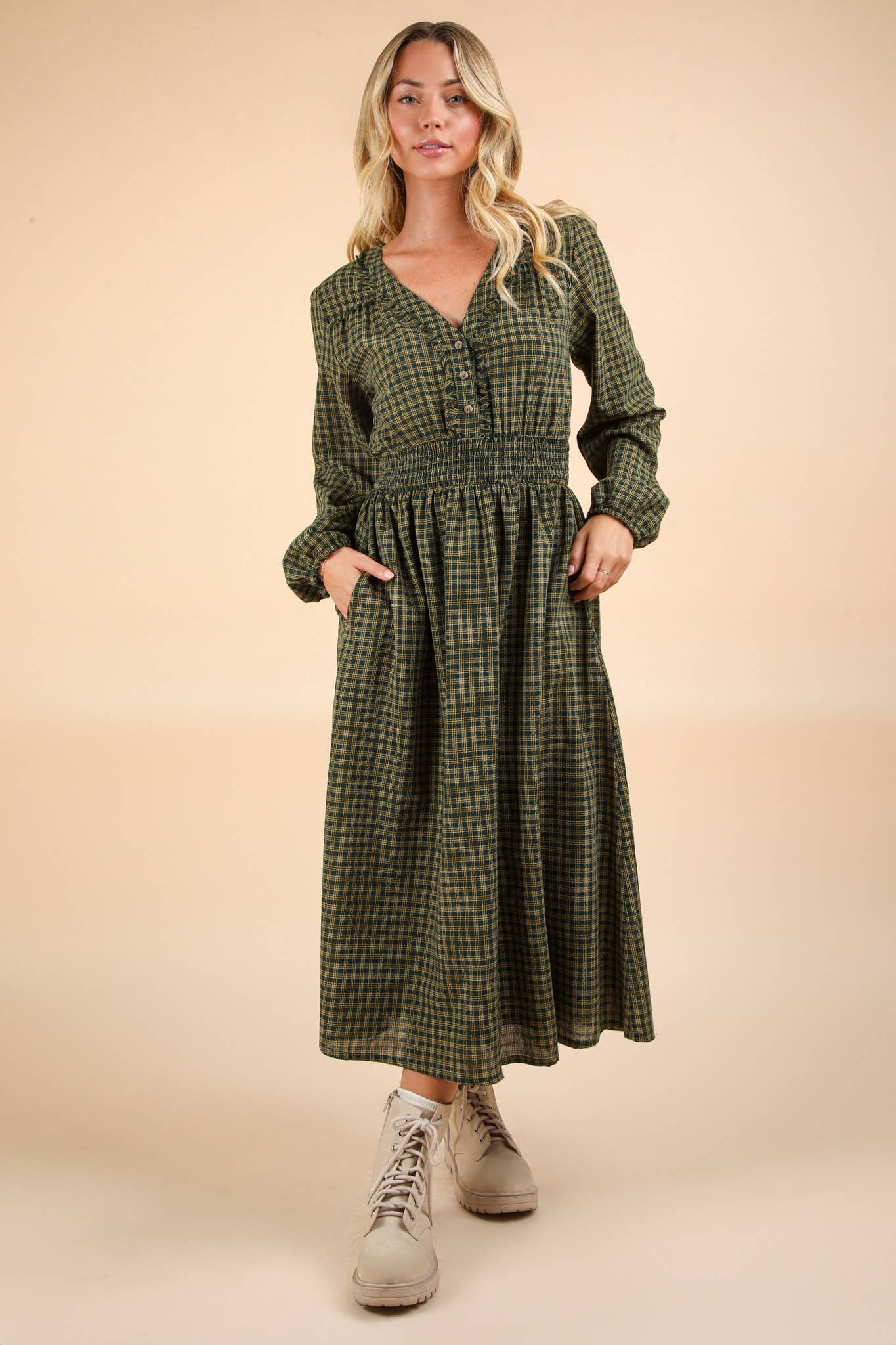 Green Plaid Midi Dress