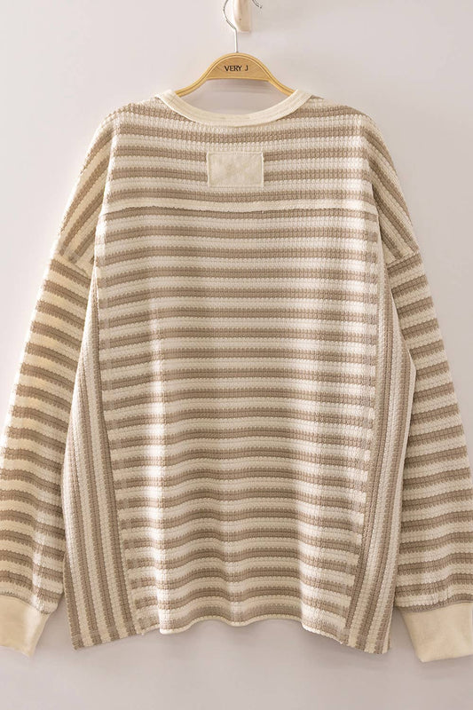 Taupe & Cream Stripe Waffle Top