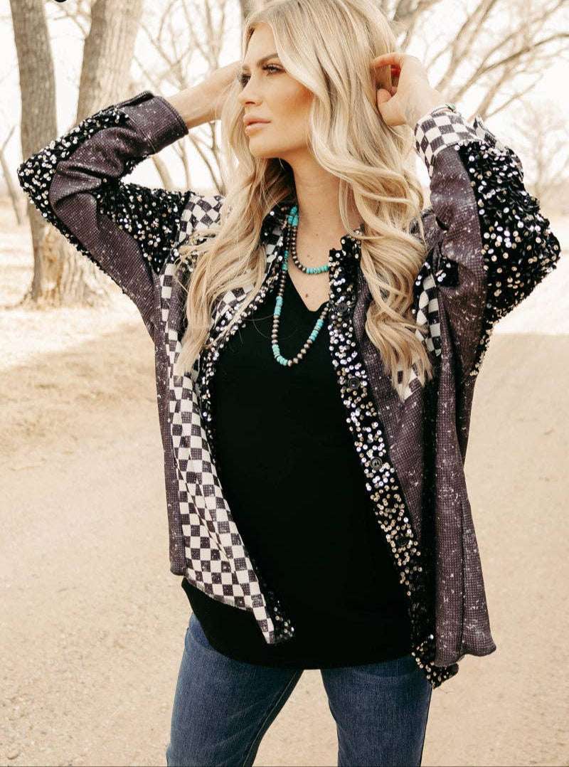Black sequin checker jacket shacket