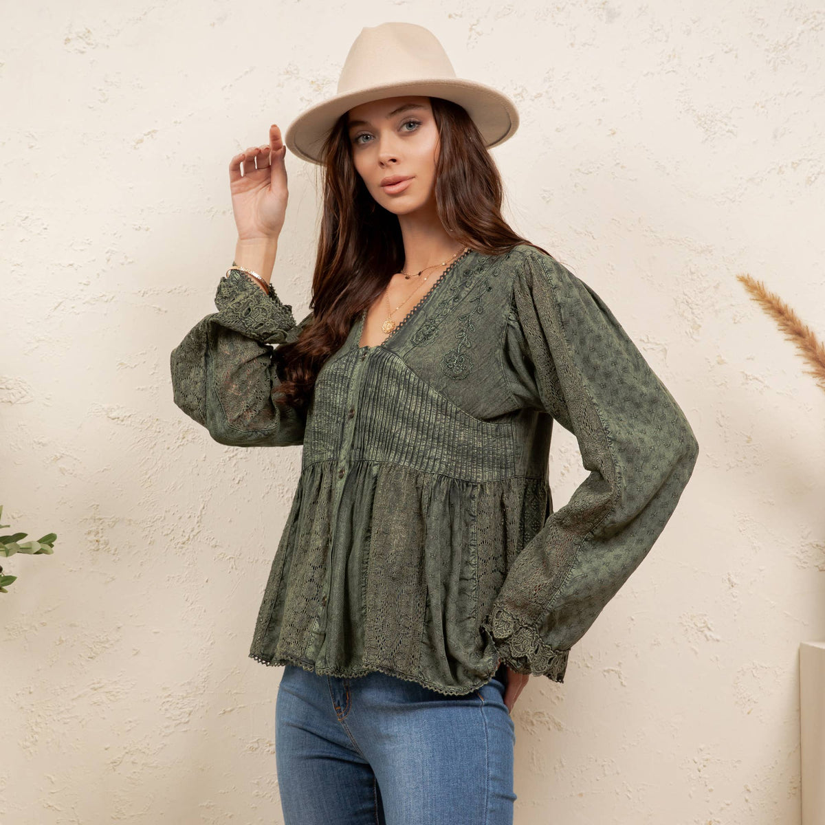 Young Threads - Vintage Boho Embroidered Lace V-Neck Peplum Top NEW - MULBERRY / REGULAR (S-M-L-XL 2-2-2-1)