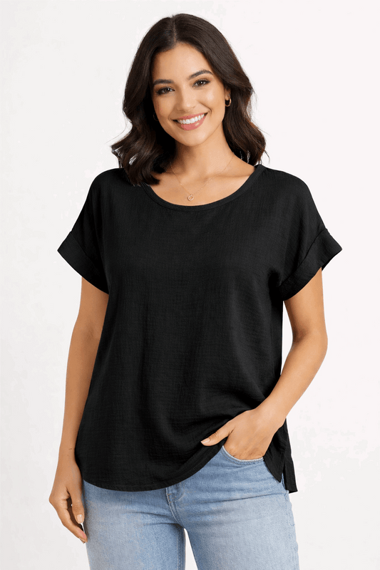 Black Gauze Roll Cuff Tee