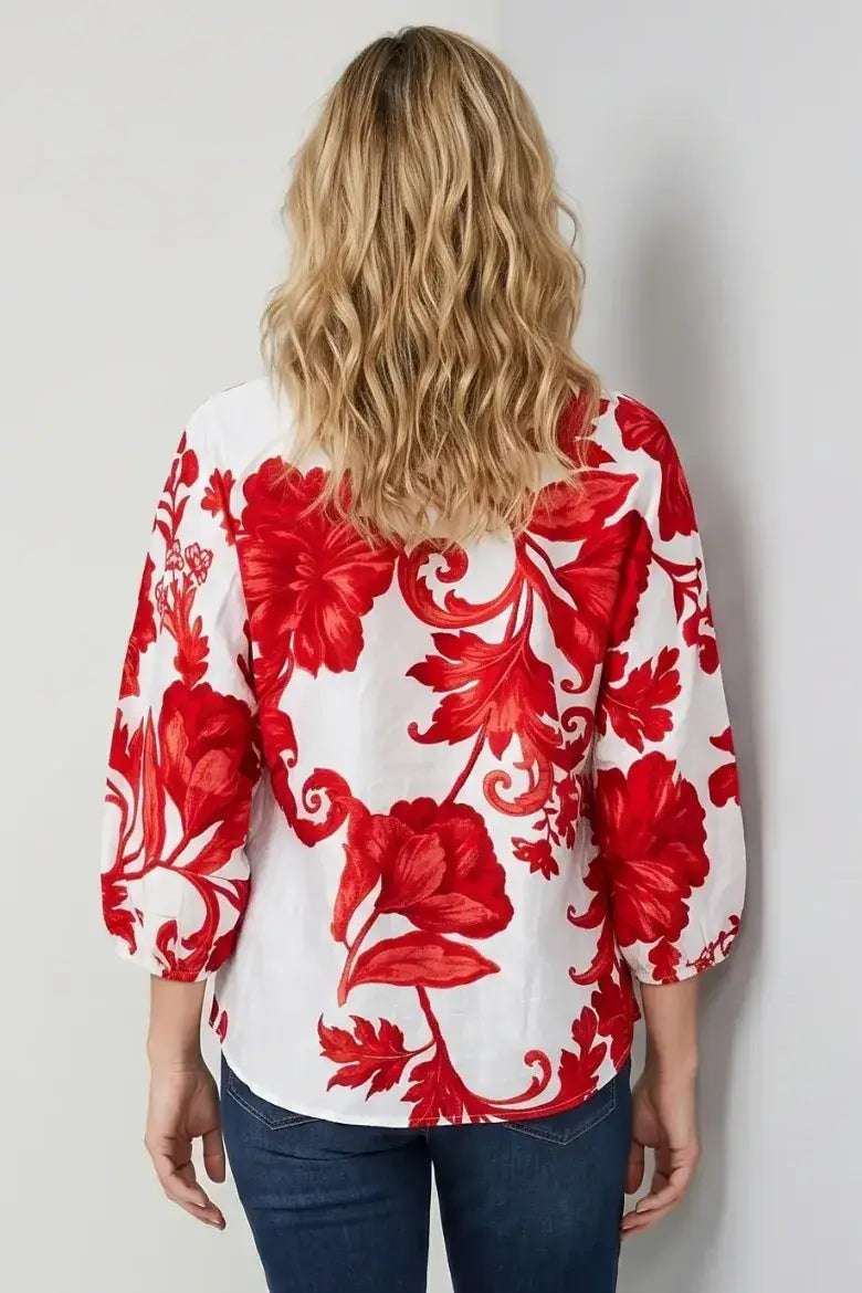 Linique Red Floral Button Down 3/4 Sleeve Top