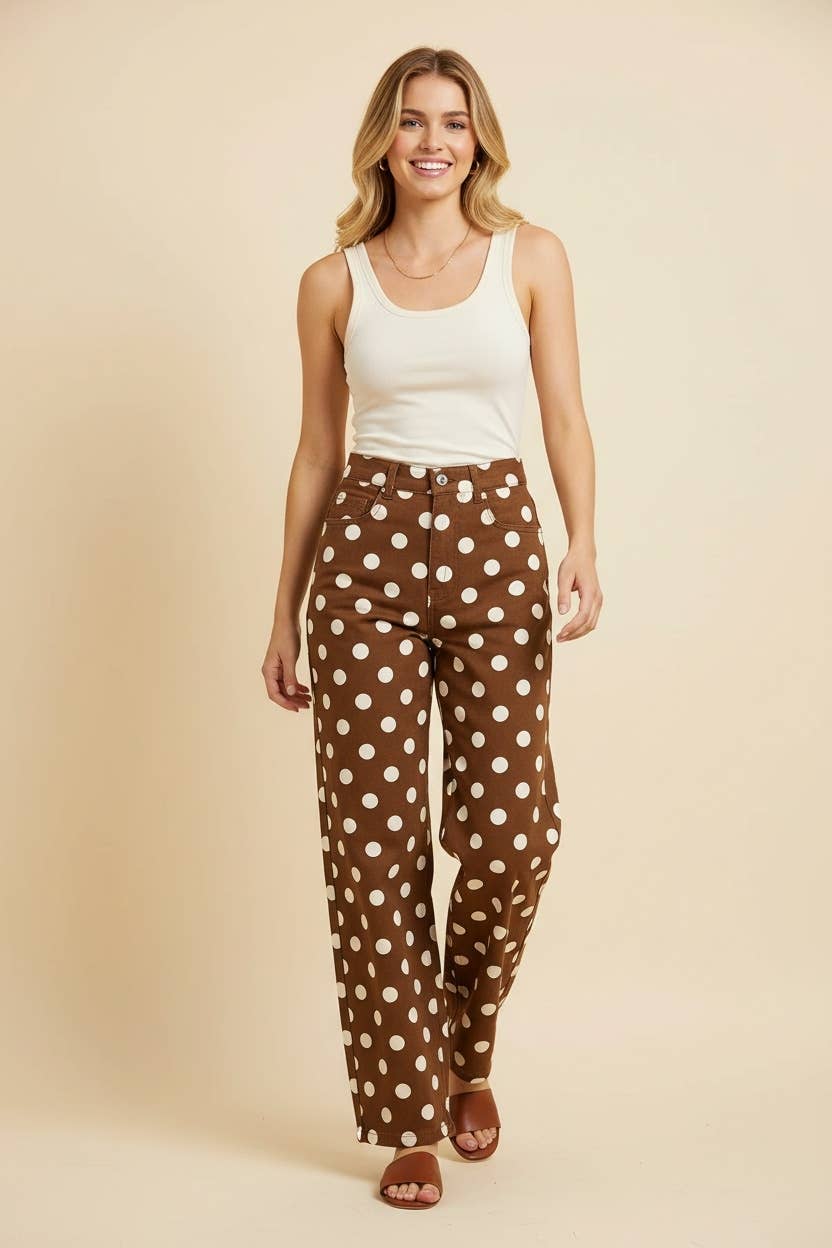 HEIMISH - HP40176 Polka Dot High Rise Straight Leg Pants - TAUPE/WHT / 2-2-2(S-M-L)