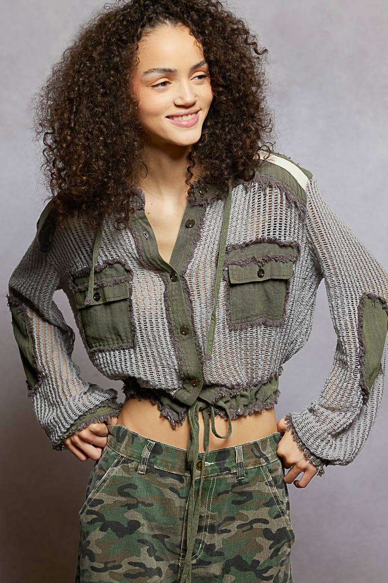 POL Grey & Green Crochet Hoodie