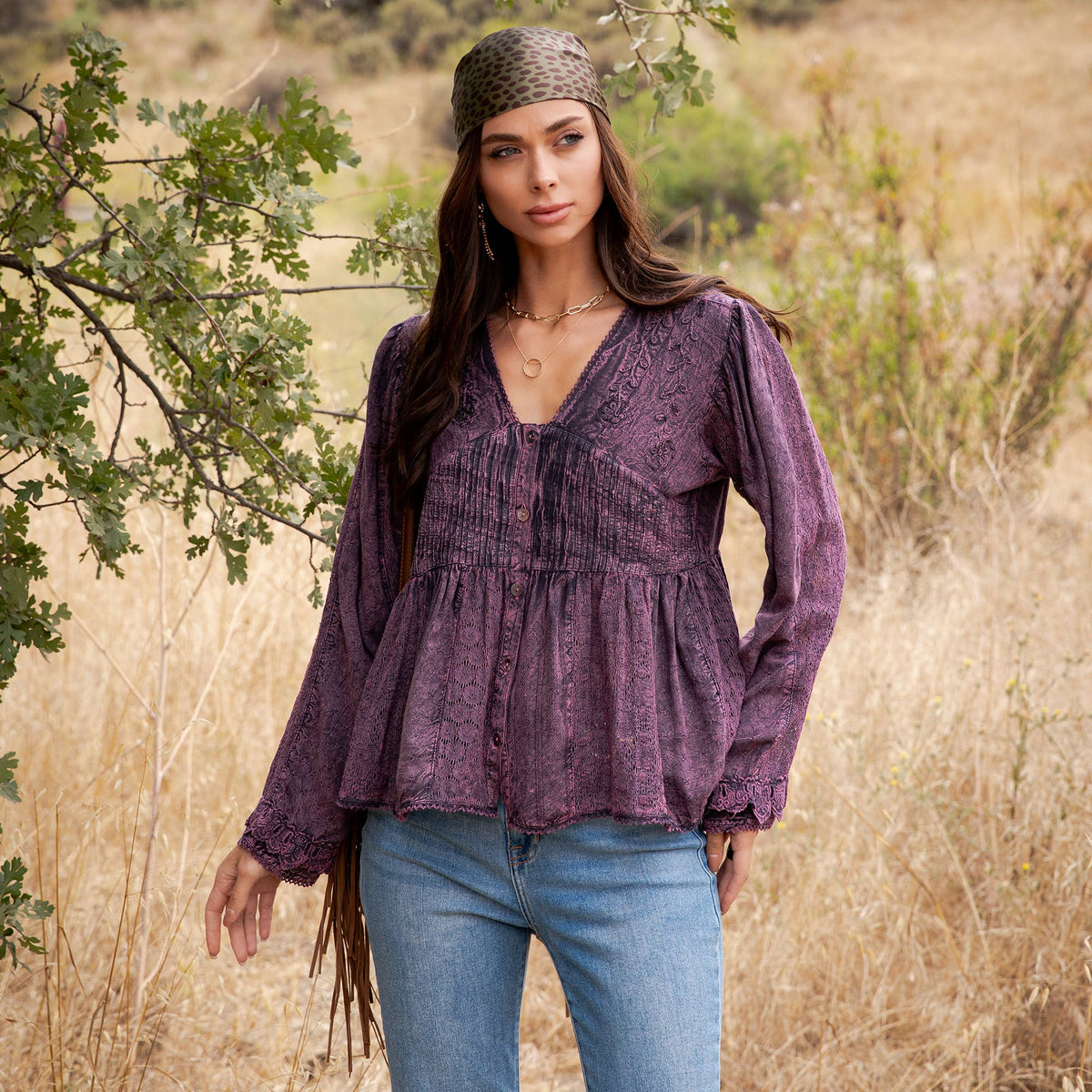 Young Threads - Vintage Boho Embroidered Lace V-Neck Peplum Top NEW - MULBERRY / REGULAR (S-M-L-XL 2-2-2-1)