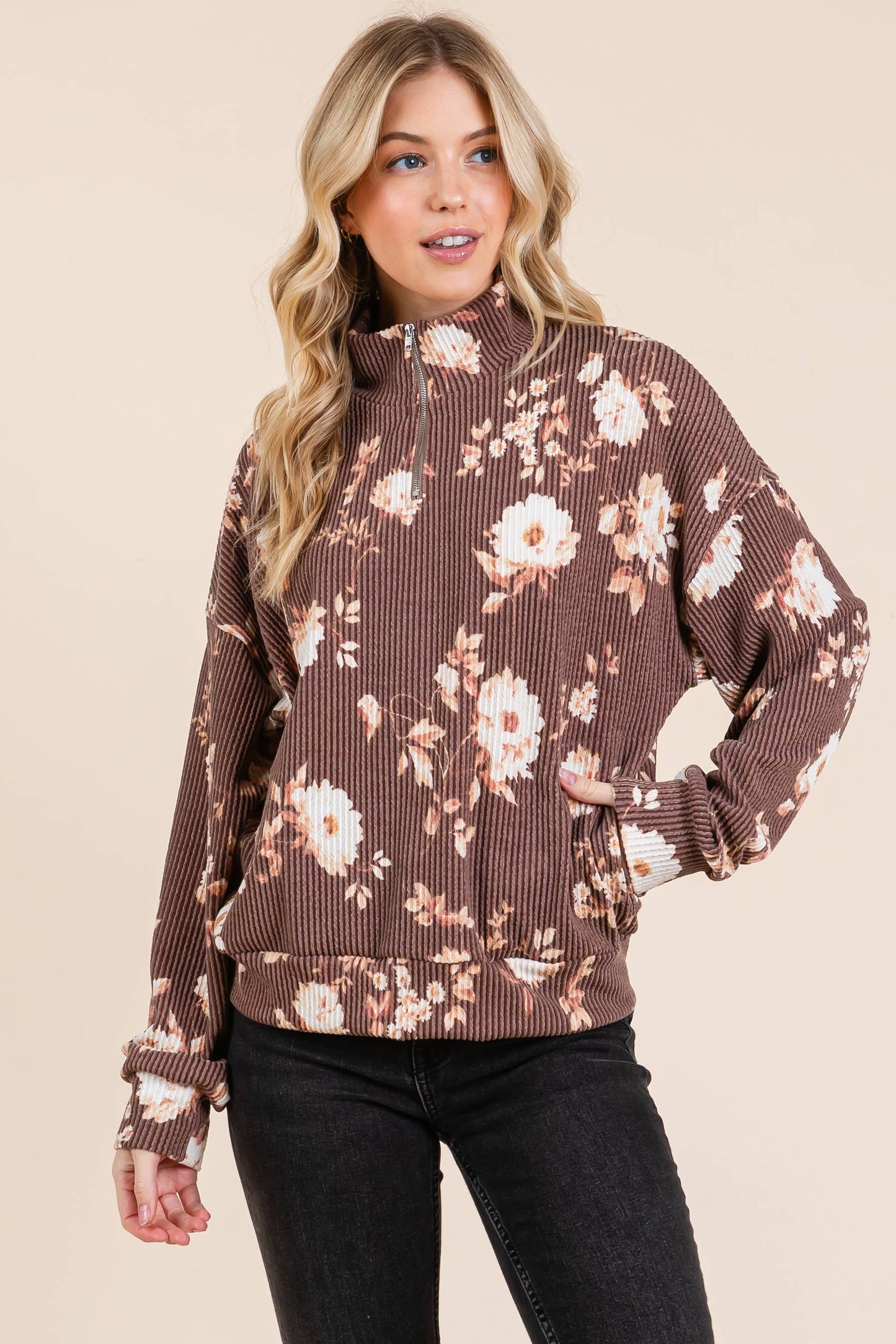 Mocha Floral 1/4 Zip