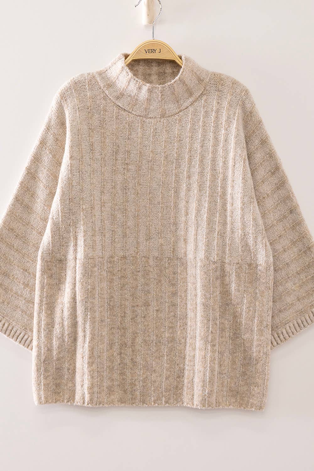 Oatmeal Ribbed Knit Mock Neck Sweater