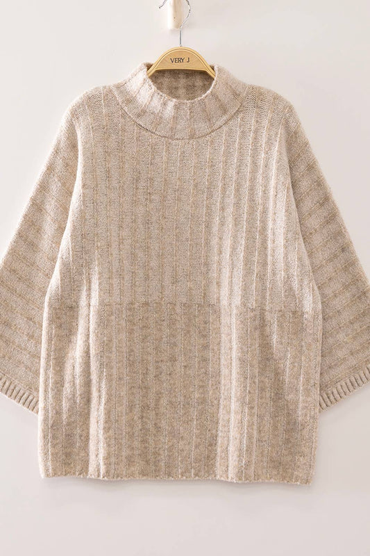 Oatmeal Ribbed Knit Mock Neck Sweater