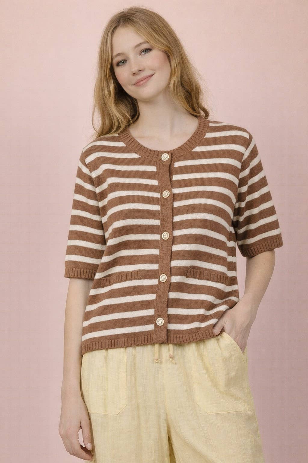 Brown Taupe Stripe Button-Down Knit Sweater Top
