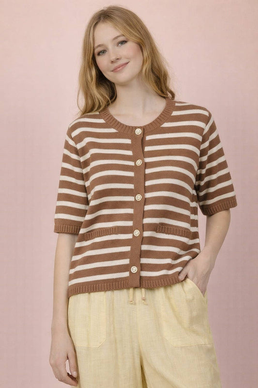 Brown Taupe Stripe Button-Down Knit Sweater Top