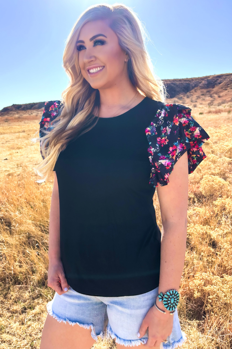 Black Floral Ruffle Sleeve Top
