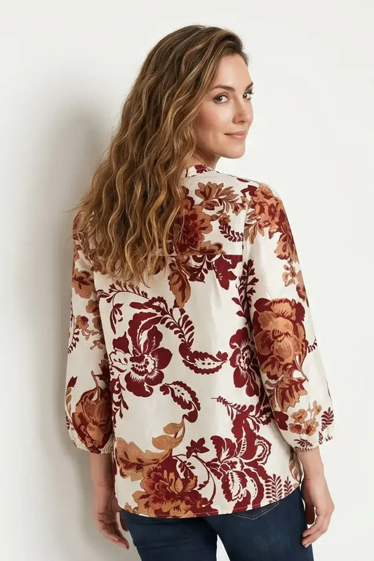 Linique Brown Floral Tie Front Balloon Sleeve Blouse
