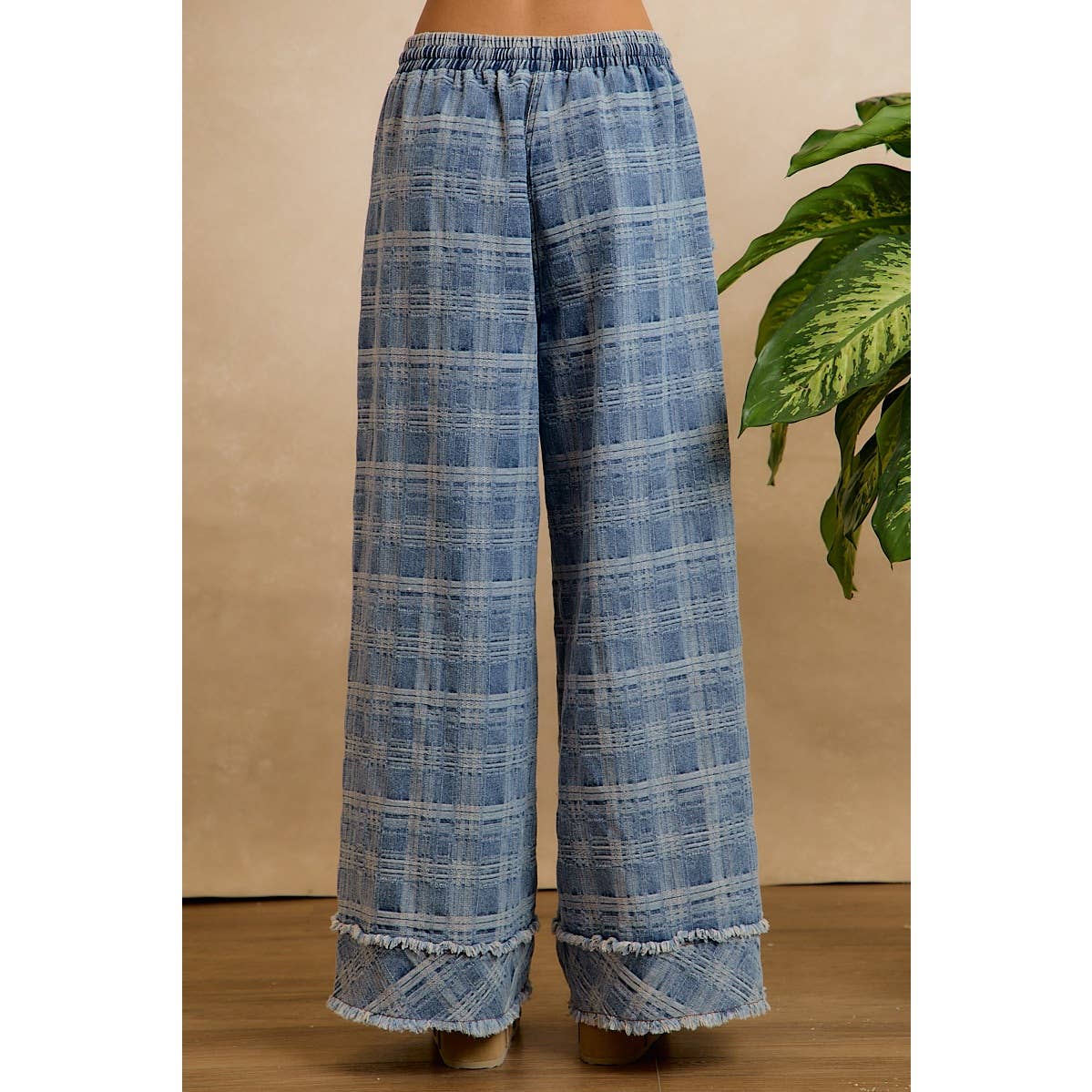 Frayed Plaid Wide Leg Jeans - Washed Denim