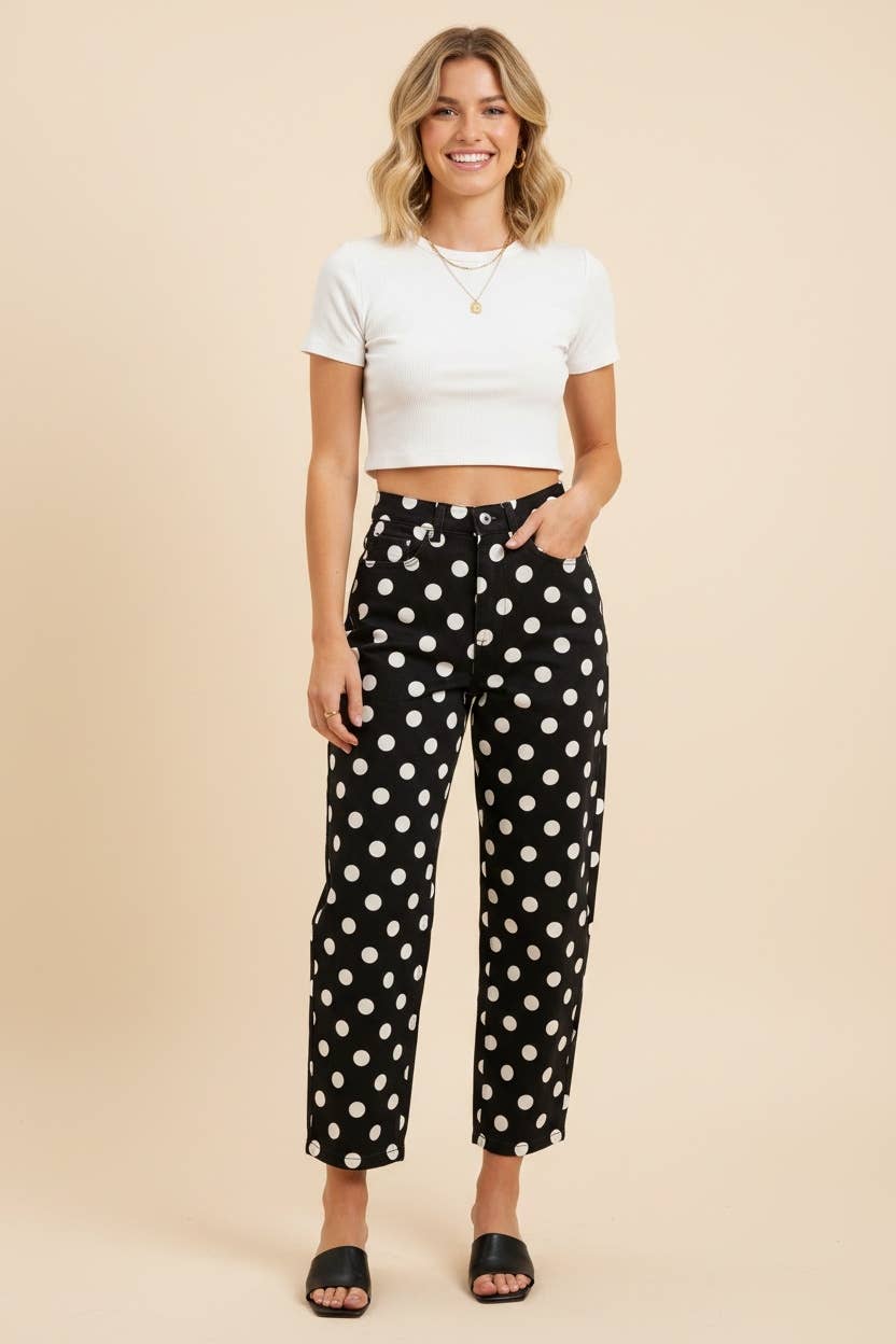 HEIMISH - HP40176 Polka Dot High Rise Straight Leg Pants - TAUPE/WHT / 3-2-1(1X-2X-3X)