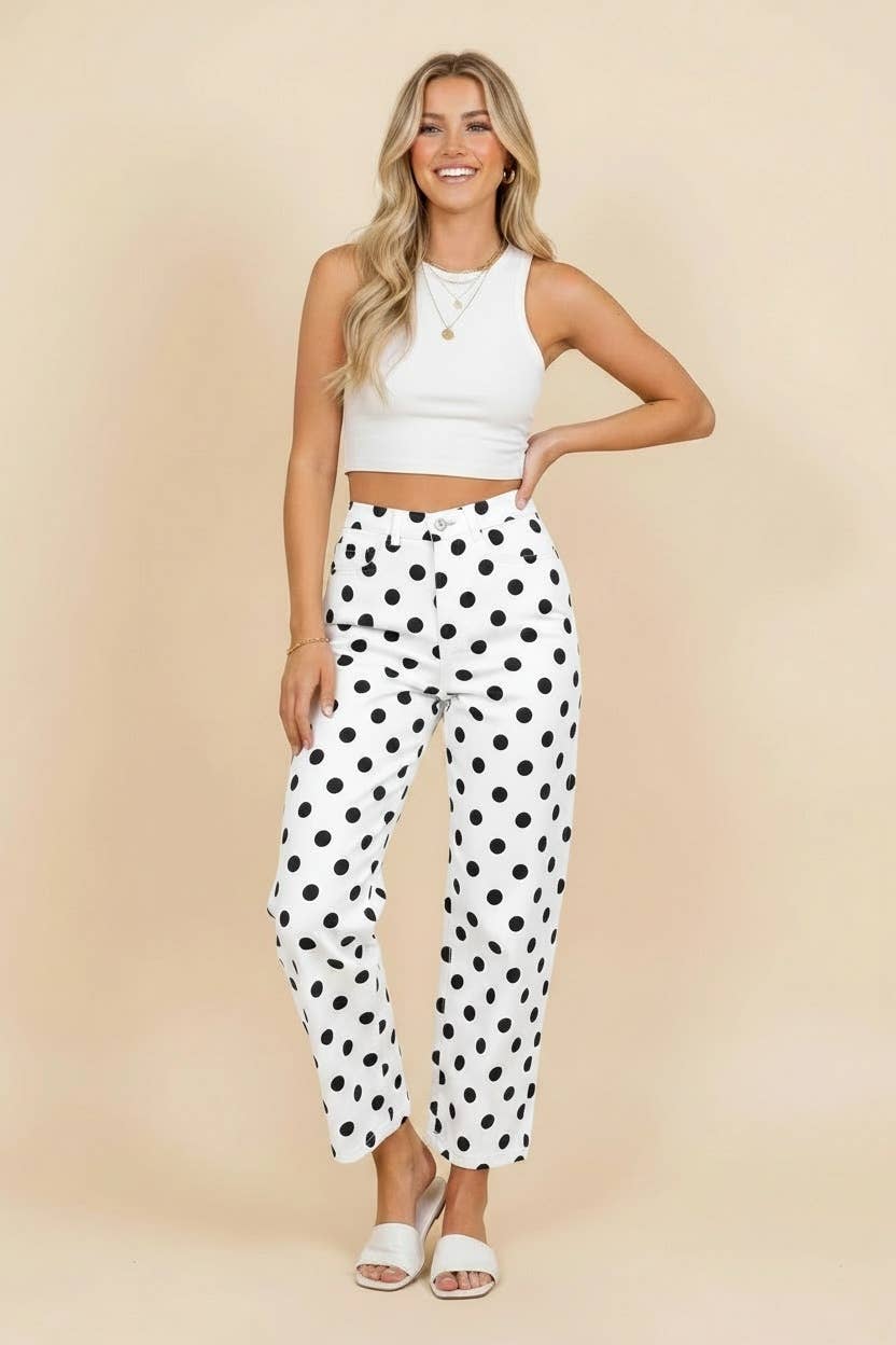 HEIMISH - HP40176 Polka Dot High Rise Straight Leg Pants - TAUPE/WHT / 3-2-1(1X-2X-3X)