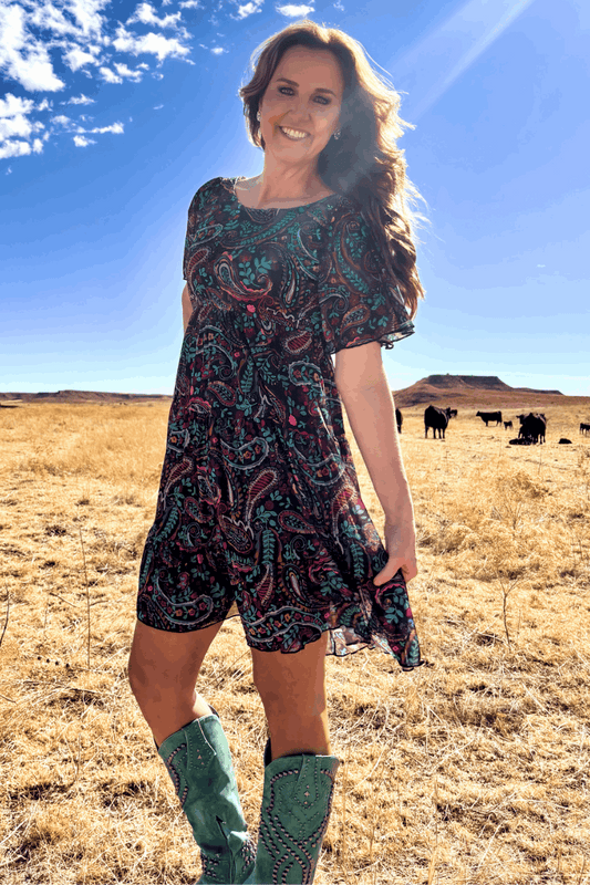 Black Paisley Mesh Overlay Dress