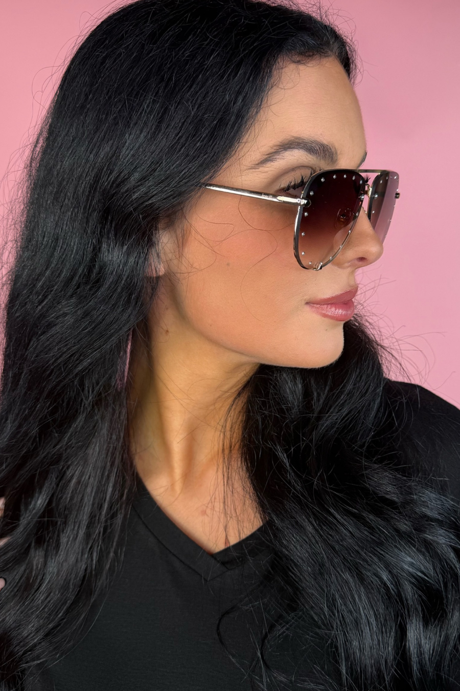 Studded Aviator Sunglasses - Pink