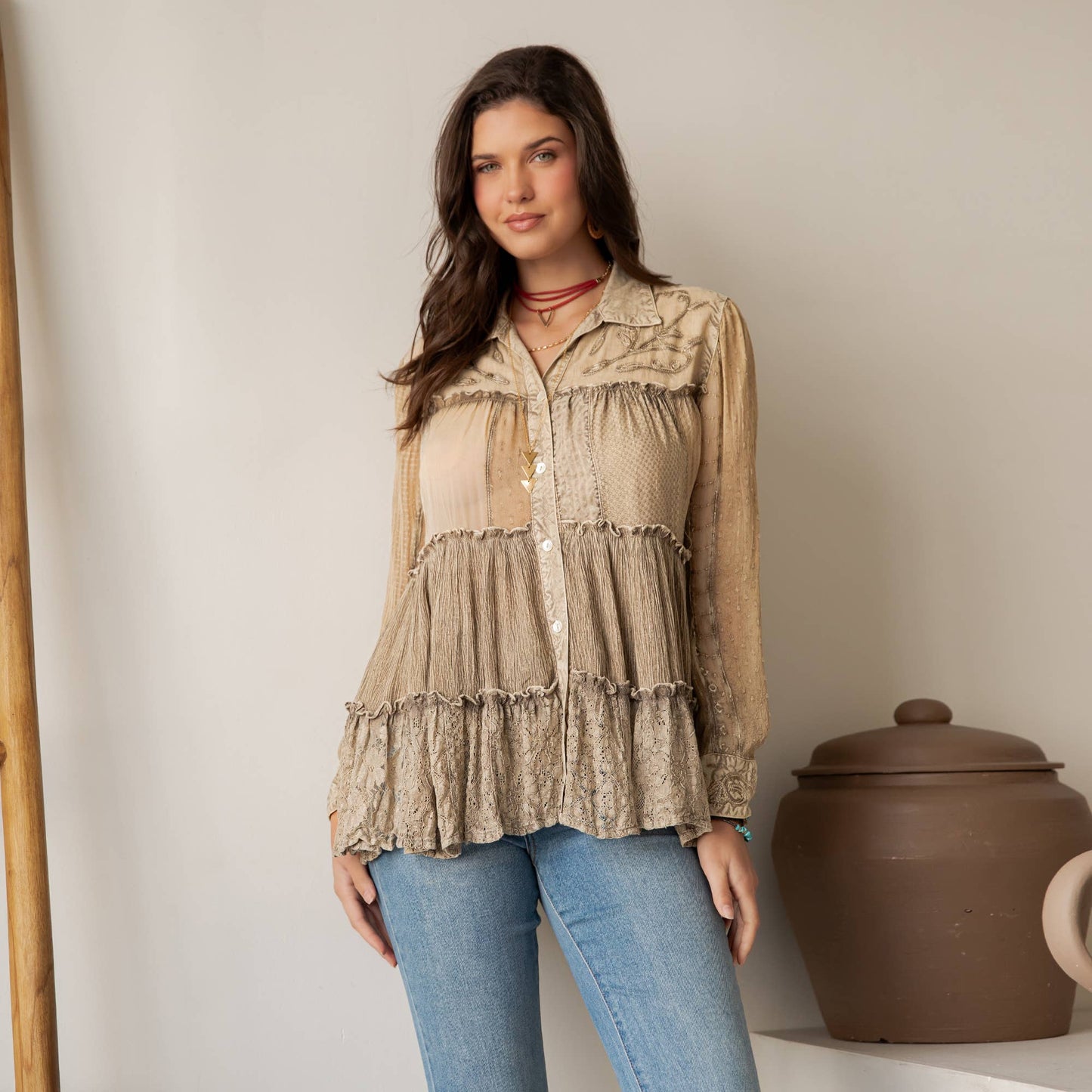 Latte Mineral Wash Tiered Blouse with Floral Details